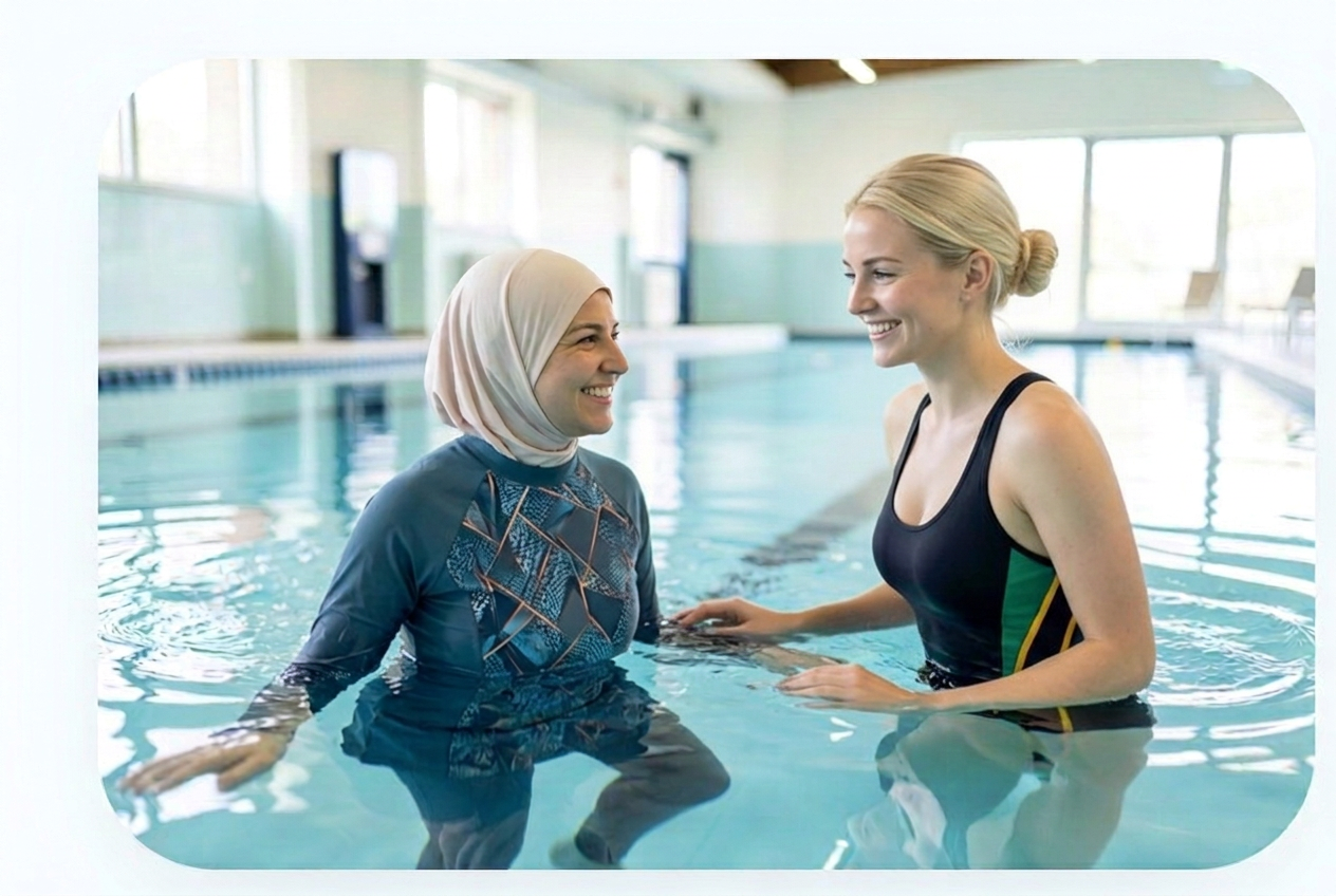Kvinna med hijab får privat simlektion av kvinnlig instruktör